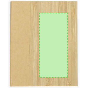 A notepad featuring a natural bamboo texture with a green blank area for notes. It has a logo on the cover.