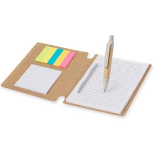 A notepad folder with white sticky notes, colourful flags, and a wooden pen. Features a natural brown cardboard cover.