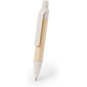A biodegradable pen with a white top and a natural wood-like barrel, featuring a clip and a black ink tip.