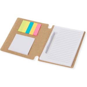 A Wombax Sticky Notepad featuring a kraft cover, with sticky notes in green, yellow, pink, and a lined notepad.
