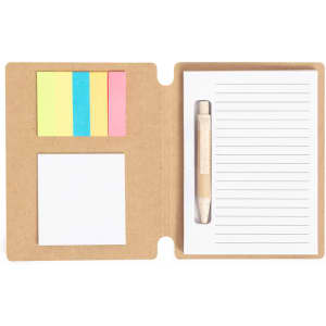 A Wombax Sticky Notepad featuring bright sticky notes, a blank notepad, and a pen in a kraft cover.
