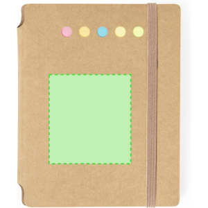 A kraft paper notepad with an elastic band and multicoloured dots on the cover, featuring a blank green sticky note.