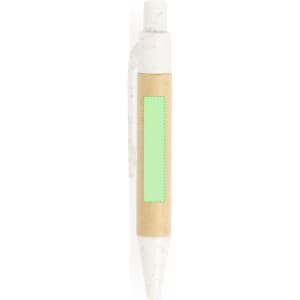 A white and brown pen with a green label in the centre, featuring a clip for easy attachment.