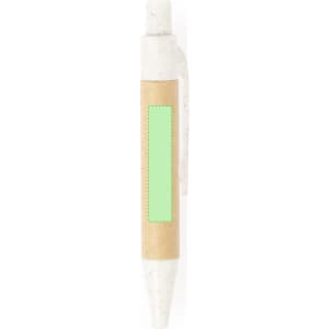 A sticky notepad with a white and green design, featuring a natural brown paper wrap and a clip.