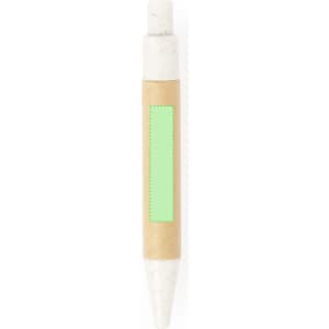 A green sticky notepad with a white top, wrapped in brown kraft paper. Features a branding logo.