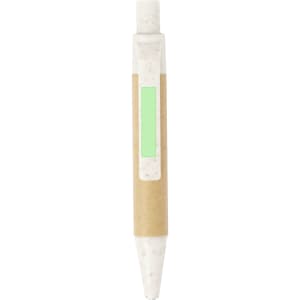 A sticky notepad with a light green cover and a brown kraft paper backing, featuring a logo.