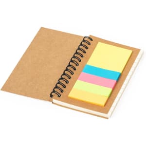 A notepad with a spiral binding featuring sticky notes in pink, yellow, blue, and green on a kraft cover.