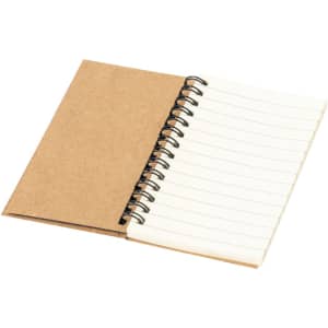 A sticky notepad with a brown cover, featuring spiral binding and blank pages for notes.