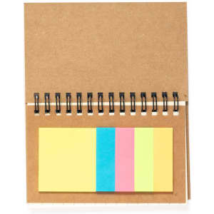 A spiral-bound notepad with colourful sticky notes in yellow, pink, and green against a brown cover.