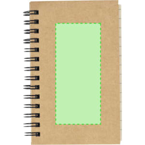 A brown spiral notepad featuring a bright green sticky note area, ideal for jotting down quick reminders.