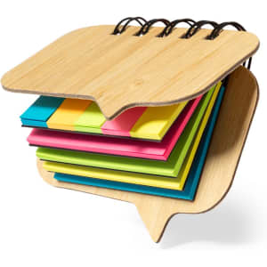 A sticky notepad with a wooden cover, featuring multiple colour sticky notes in pink, yellow, green, and blue.