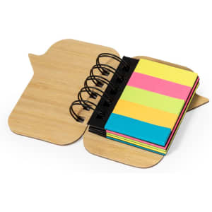 A bamboo sticky notepad featuring vibrant blue, pink, yellow, and green notes with a spiral binding.