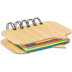 A sticky notepad featuring assorted brightly coloured notes, housed in a bamboo-like, speech bubble-shaped cover with black spirals.