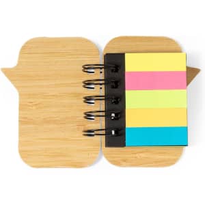 A sticky notepad with a bamboo cover, featuring yellow, pink, and blue sticky notes inside.