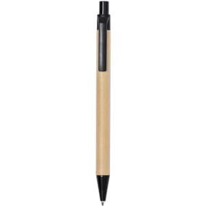 A ballpoint pen with a brown kraft paper barrel and a black plastic clip and tip. The pen features a simple design.