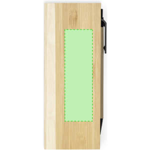 A bamboo office set with a green sticky note area and a black pen holder. Features a sleek design with a logo.