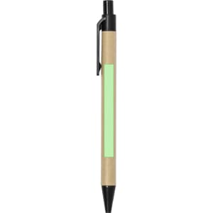 A black pen with a brown cardboard barrel and a green section for branding or notes, featuring a clip.