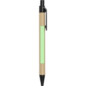 A pen featuring a black tip and clip, with a brown barrel and a green accent area.