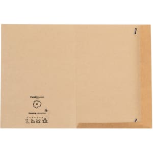 A brown folder containing planting instructions for field flowers, featuring a logo and blue stitching.
