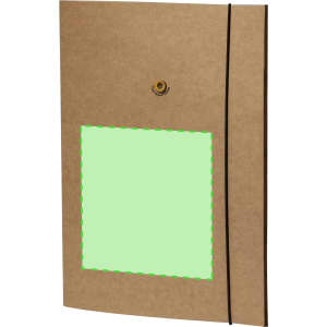 A brown folder featuring a green insert, secured with a black elastic band, includes a logo on the front.