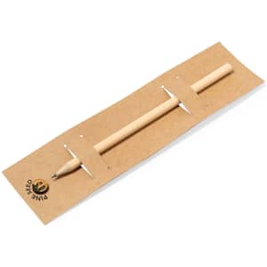 A grey-lead pencil made from wood, packaged with a cardboard holder and featuring a logo.