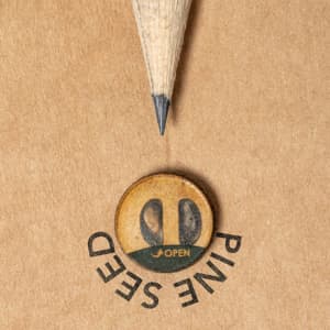 A grey-lead pencil with a sharpened tip above a circular label featuring a logo, resting on a brown background.