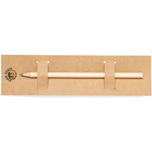 A grey-lead pencil with a light wooden finish on a cardboard backing, featuring a logo.