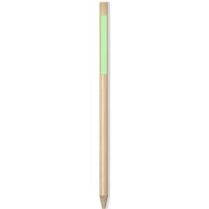 A grey-lead pencil with a natural wood finish and a green accent strip. It features a logo on the side.