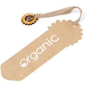 A sunflower-shaped bookmark in beige with a textured strap and an organic-themed design.