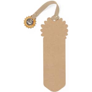 A brown paper bookmark with a decorative sun-shaped top and a beige ribbon. It has a logo embellishment.