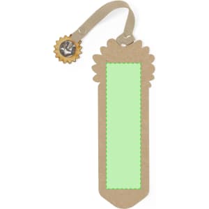 A green and brown bookmark with a decorative sun-shaped detail at the top and a loop for attaching.