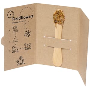 A kraft packaging with planting instructions, featuring a wooden stick topped with seeds for fieldflowers.