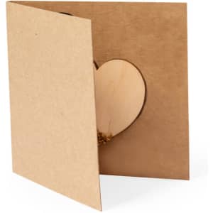 A kraft card with a heart-shaped cutout, featuring dried flowers inside, and a simple design.
