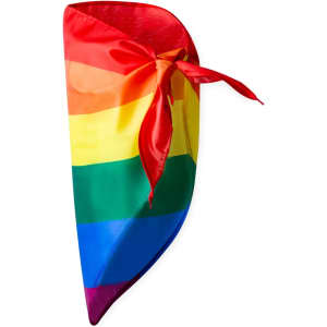 A rainbow-patterned neckerchief with a red tie, featuring bold stripes in various colours. It has a logo on the design.