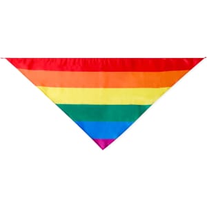 A triangular bandanna featuring vibrant rainbow stripes, showcasing a variety of colours. It has a logo in the corner.