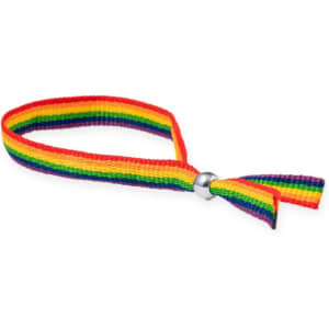 A multicoloured wristband in rainbow stripes with a metallic clasp, designed for events and exhibitions.