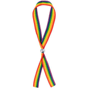 A vibrant rainbow wristband featuring red, orange, yellow, green, blue, and purple stripes with a silver clasp.