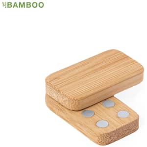 A bamboo stress relief shape with a smooth finish and embedded magnets, featuring a natural wood colour.