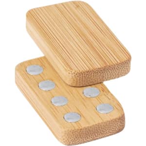 Two bamboo stress shapes featuring silver circular accents on one side, designed for fun and stress relief.