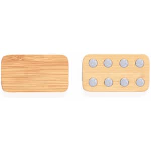 A wooden stress relief shape in a rectangular design with silver dots on one side. It features a natural bamboo finish.