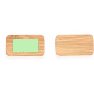 A bamboo stress shape with a light green rectangular area and a smooth, natural wood finish. Features a branding logo.