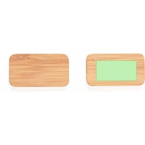 A bamboo rectangular board in natural wood colour, featuring a green stitched patch on one side.