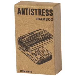 A brown cardboard box containing a bamboo stress relief shape, featuring a logo on its side.