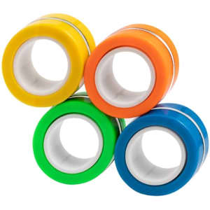 A set of four vibrant antistress toys in yellow, orange, green, and blue, featuring smooth surfaces and circular designs.