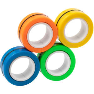 Four novelty stress relief toys in vibrant colours: orange, blue, green, and yellow. Each item has a circular shape and a white inner section.