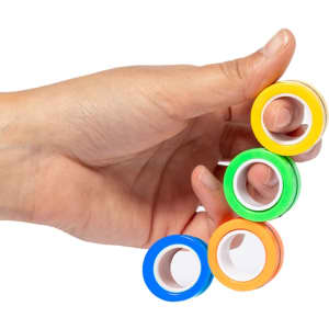 A hand holding four rolls of adhesive tape in blue, green, yellow, and orange. The rolls feature a white core and a logo.