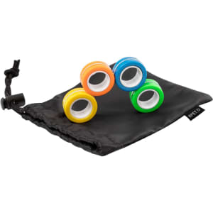 A set of four colourful plastic rings in orange, blue, green, and yellow, presented in a black drawstring bag.