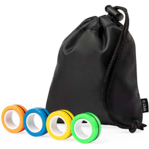 A drawstring black pouch with four colourful rings in orange, blue, yellow, and green. The pouch has a branding logo.
