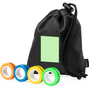 A black drawstring bag with four colourful rings in orange, blue, green, and yellow. The bag features a logo.