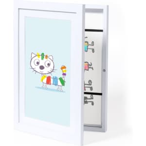 A white picture frame featuring a colourful cartoon cat illustration inside. The frame has a logo on the back.